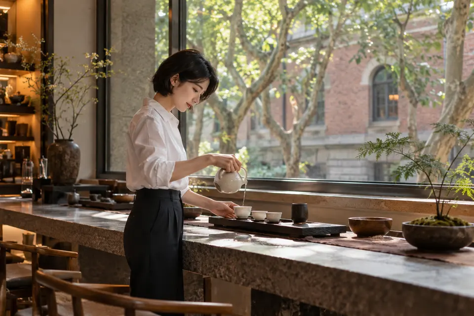 都市街区茶室内倒茶的茶席场景示意